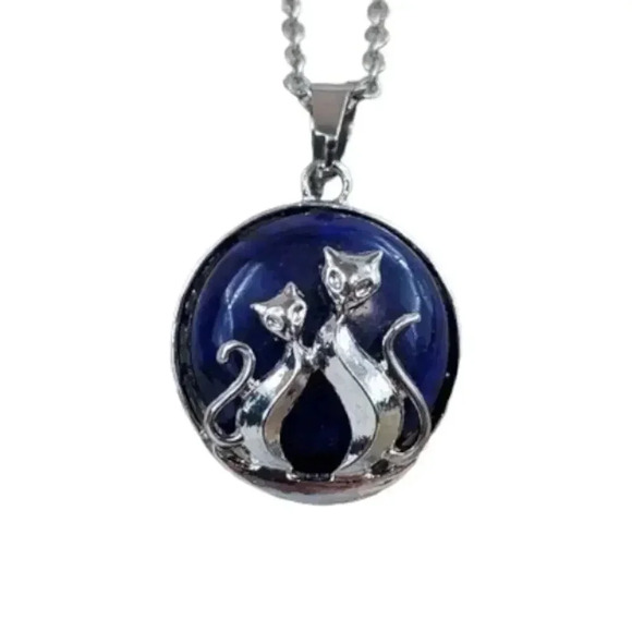 Lapis Lazuli Mother and Baby Cat Necklace with Natural Stone Center - Picture 2 of 8